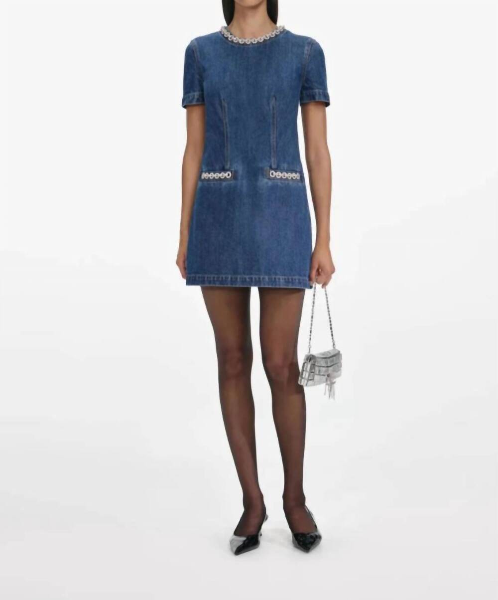 NEW SELF-PORTRAIT denim crystal trim mini dress in blue